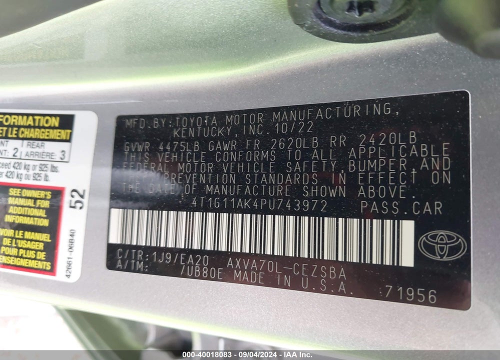 2023 TOYOTA CAMRY SE VIN: 4T1G11AK4PU743972