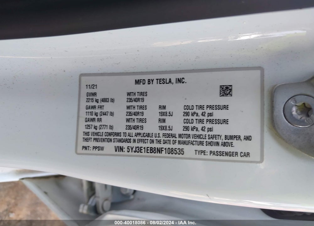 2022 TESLA MODEL 3 LONG RANGE DUAL MOTOR ALL-WHEEL DRIVE VIN: 5YJ3E1EB8NF108535
