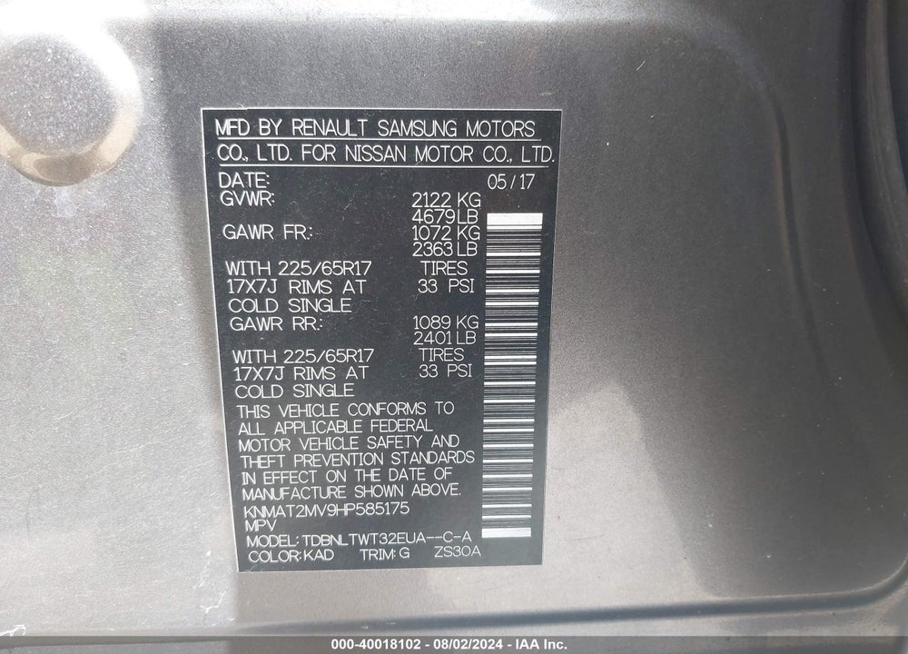 2017 NISSAN ROGUE SV VIN: KNMAT2MV9HP585175