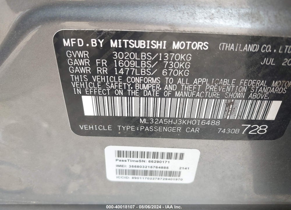 2019 MITSUBISHI MIRAGE LE VIN: ML32A5HJ3KH016488
