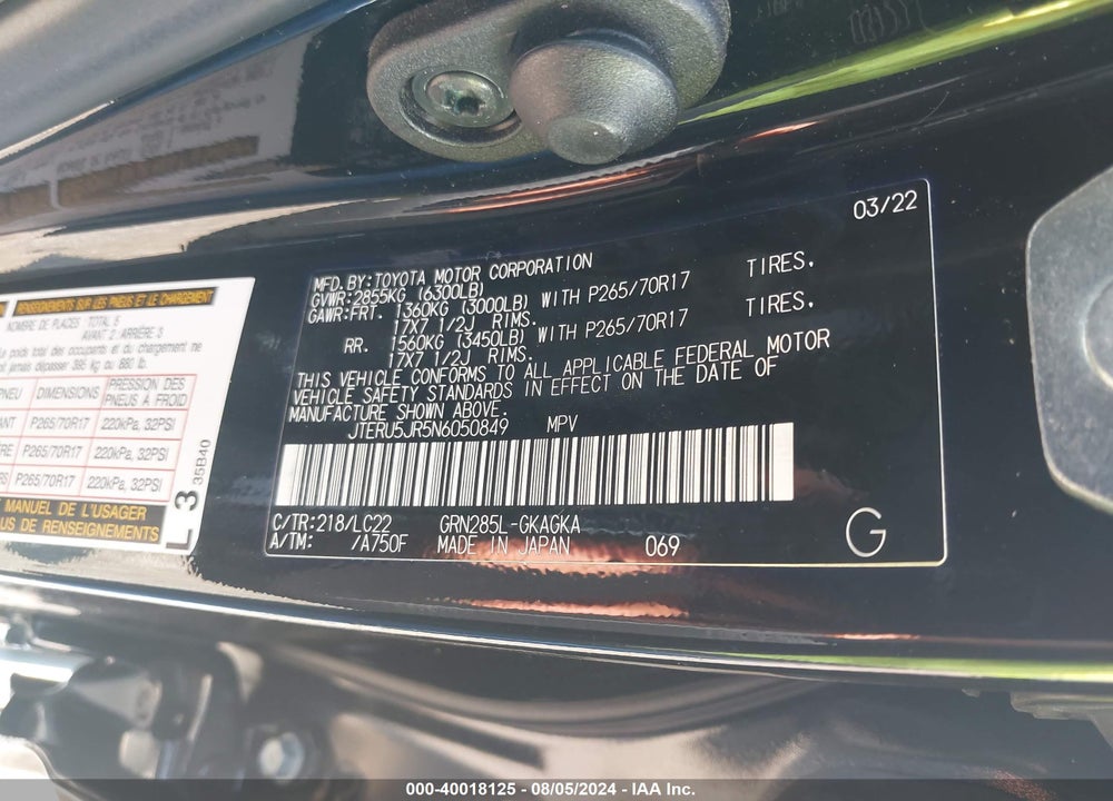 2022 TOYOTA 4RUNNER TRD OFF ROAD PREMIUM VIN: JTERU5JR5N6050849