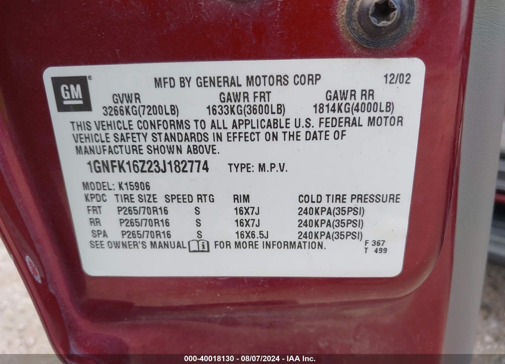 2003 CHEVROLET SUBURBAN 1500 LT VIN: 1GNFK16Z23J182774