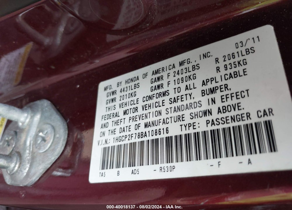 2011 HONDA ACCORD 2.4 EX VIN: 1HGCP2F78BA108616