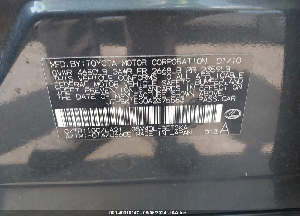 2010 LEXUS ES 350 VIN: JTHBK1EG0A2375583