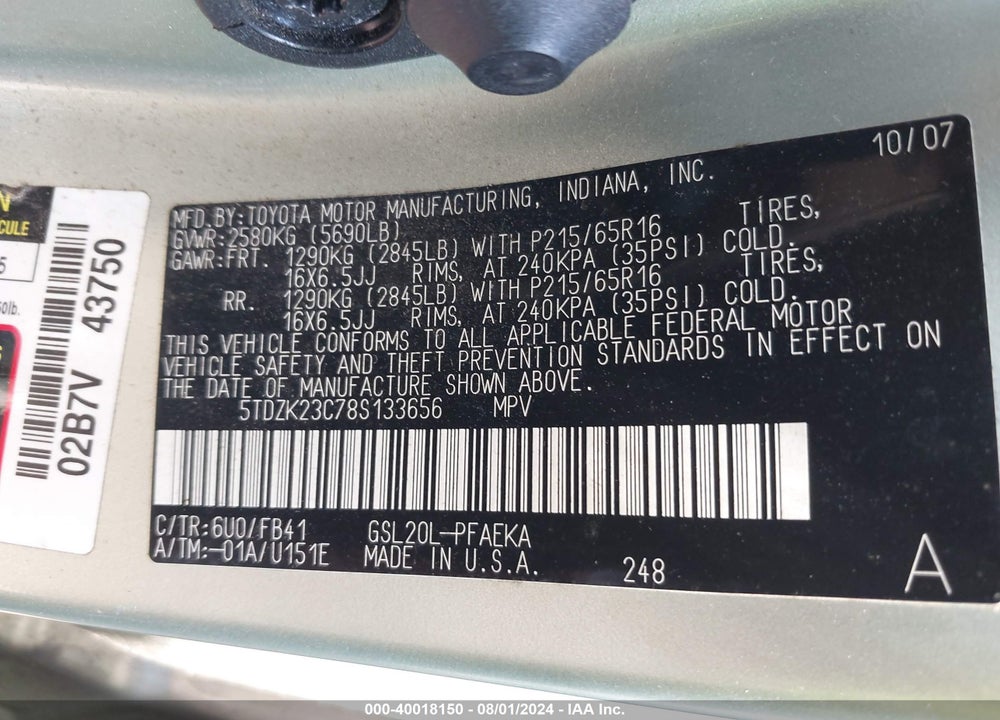 2008 TOYOTA SIENNA CE VIN: 5TDZK23C78S133656