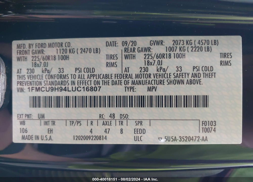 2020 FORD ESCAPE SEL VIN: 1FMCU9H94LUC16807