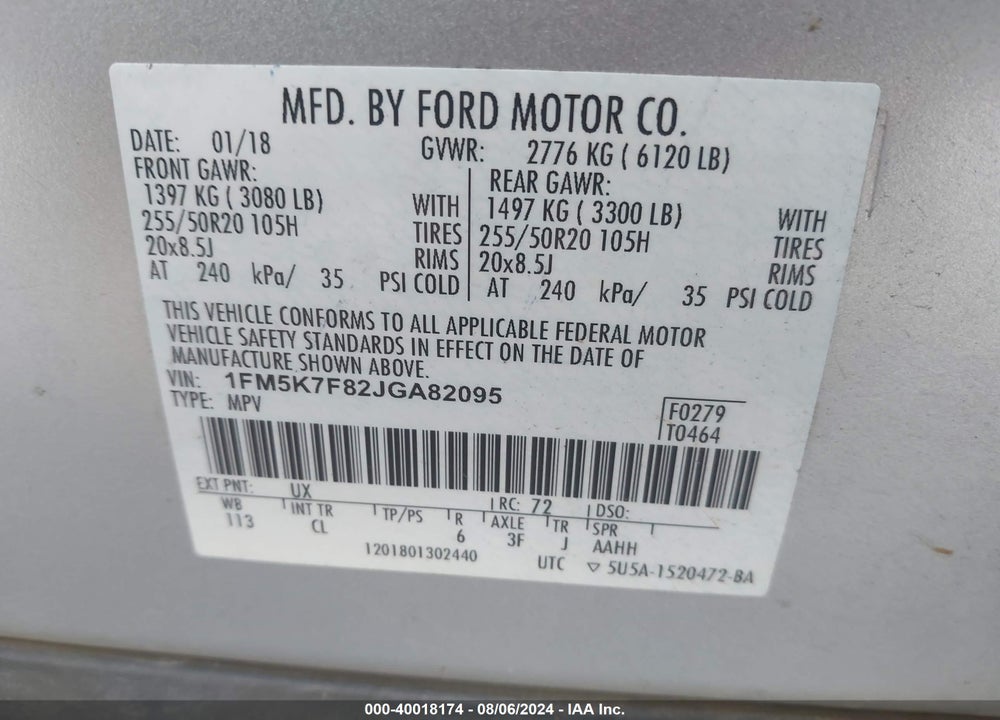 2018 FORD EXPLORER LIMITED VIN: 1FM5K7F82JGA82095
