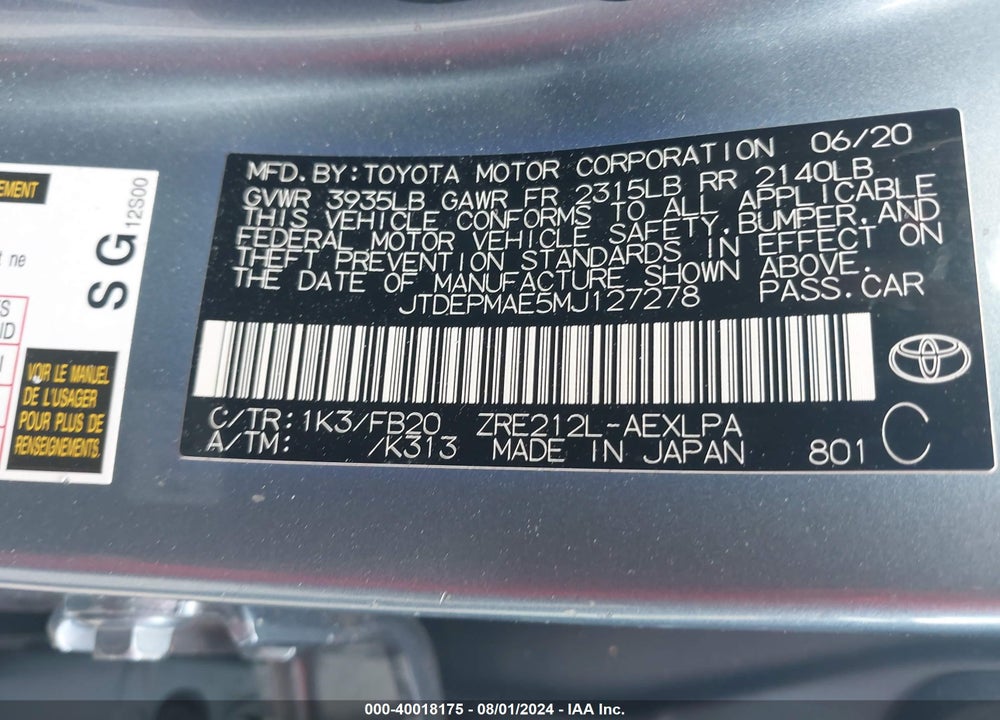 2021 TOYOTA COROLLA LE VIN: JTDEPMAE5MJ127278