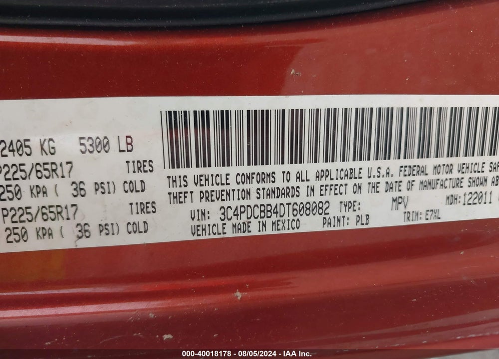 2013 DODGE JOURNEY SXT VIN: 3C4PDCBB4DT608082