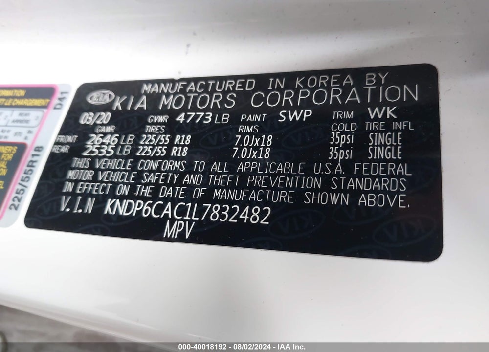 2020 KIA SPORTAGE S VIN: KNDP6CAC1L7832482