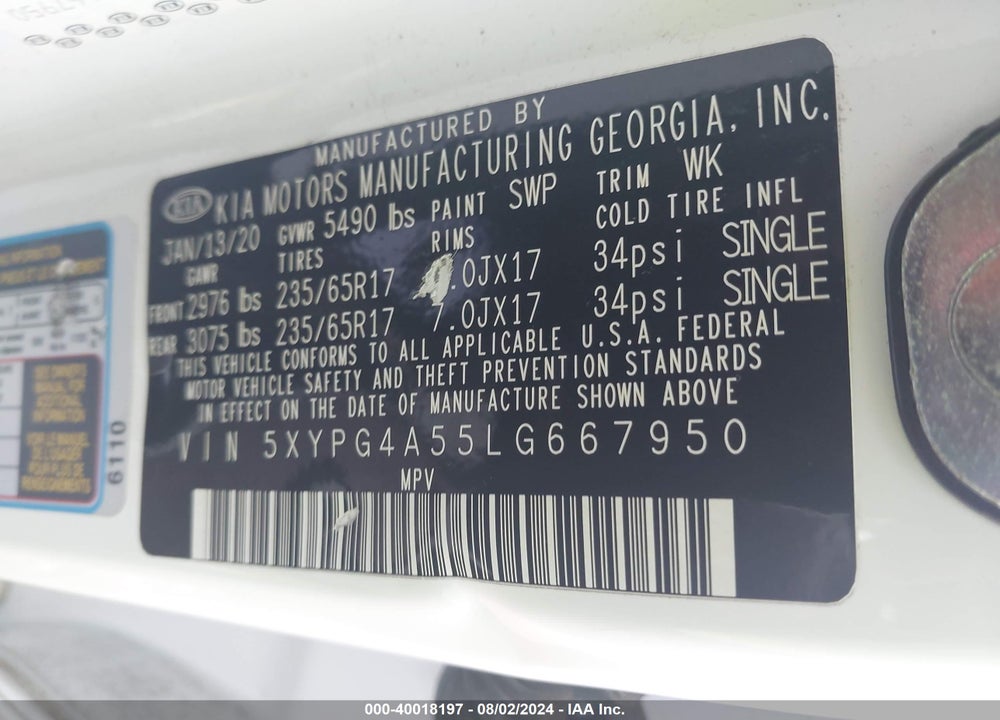 2020 KIA SORENTO 3.3L LX VIN: 5XYPG4A55LG667950
