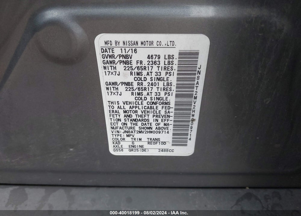 2017 NISSAN ROGUE SV VIN: JN8AT2MV2HW009714