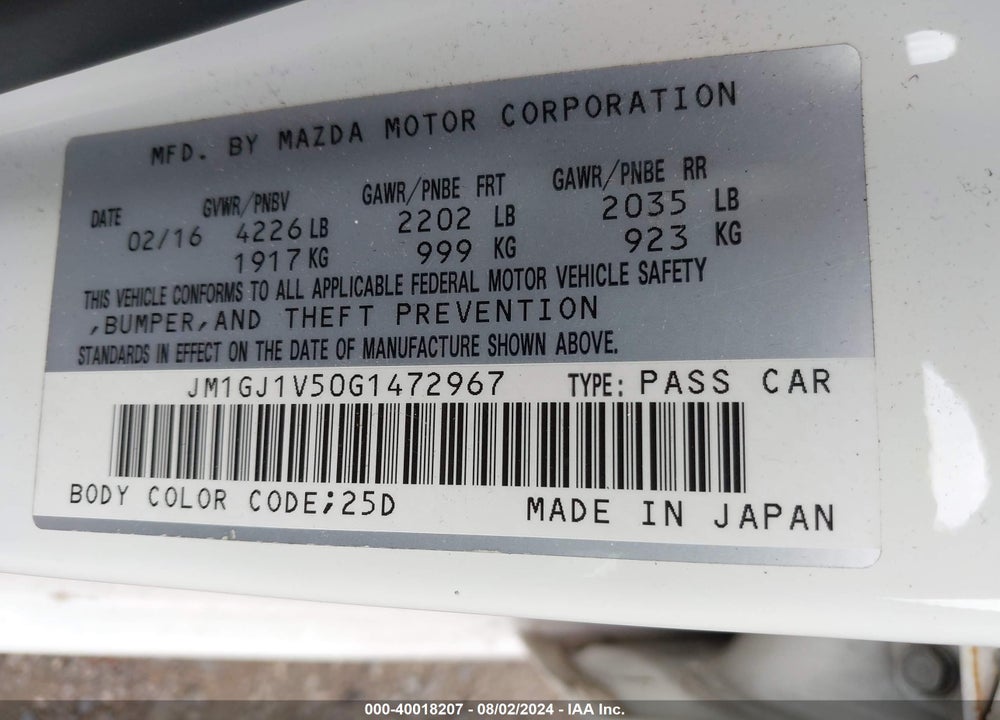 2016 MAZDA 6 I TOURING VIN: JM1GJ1V50G1472967