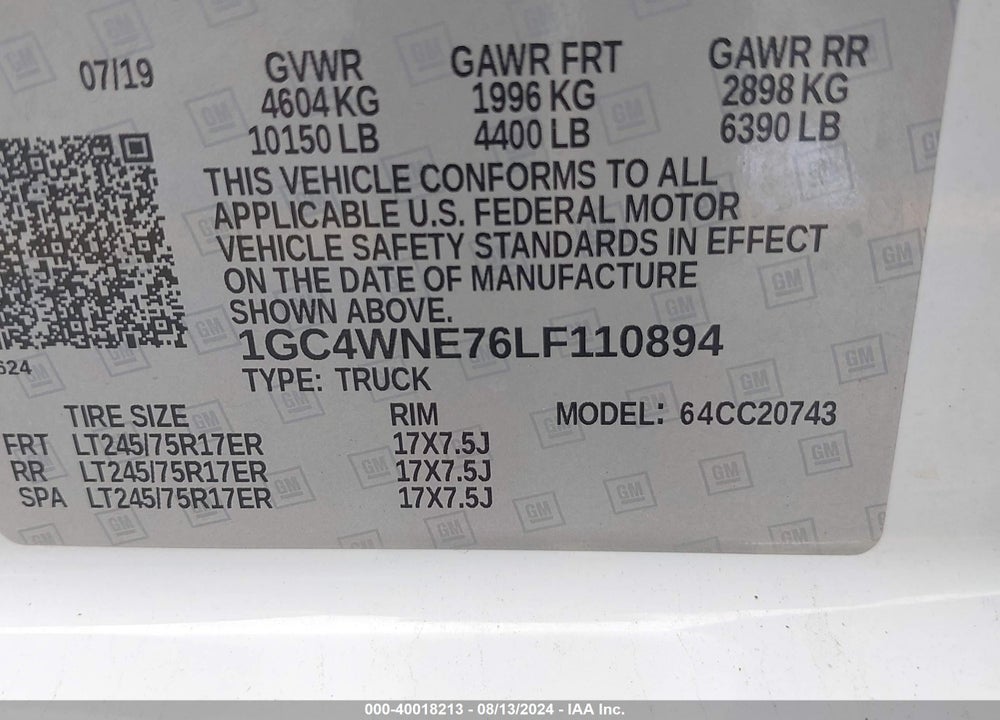 2020 CHEVROLET SILVERADO 2500HD 2WD STANDARD BED LT VIN: 1GC4WNE76LF110894