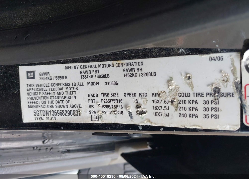 2006 HUMMER H3 SUV VIN: 5GTDN136968290637