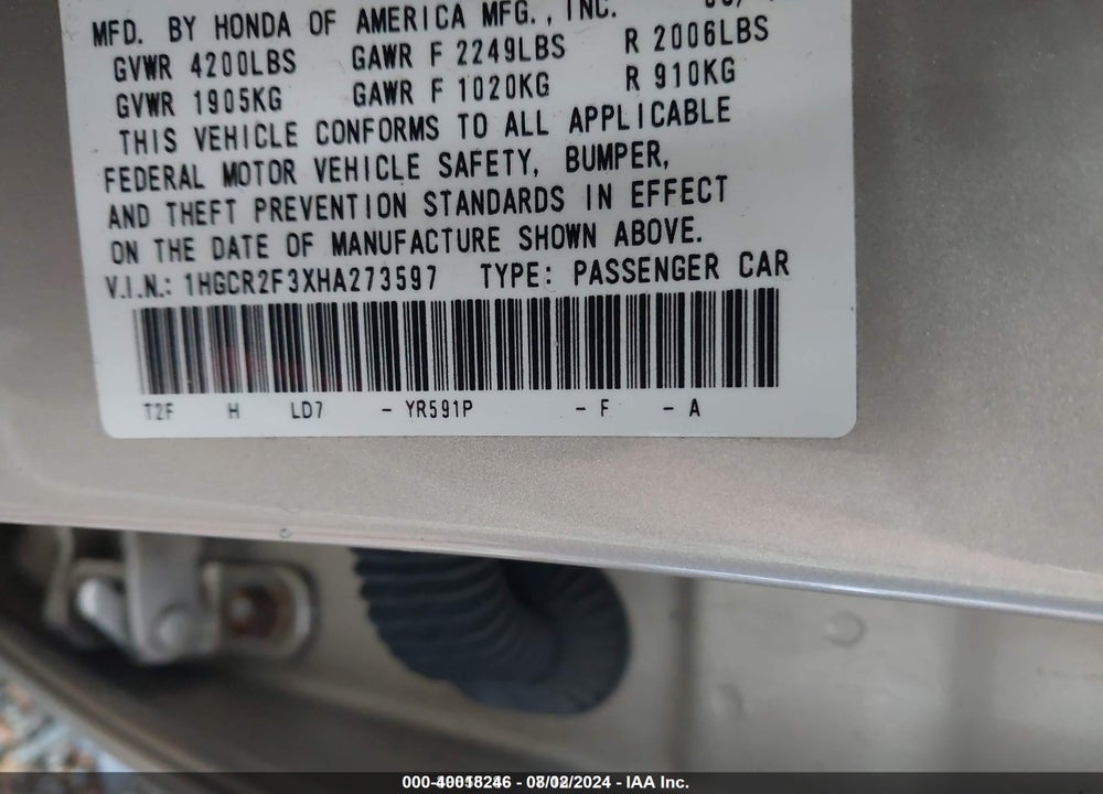 2017 HONDA ACCORD LX VIN: 1HGCR2F3XHA273597