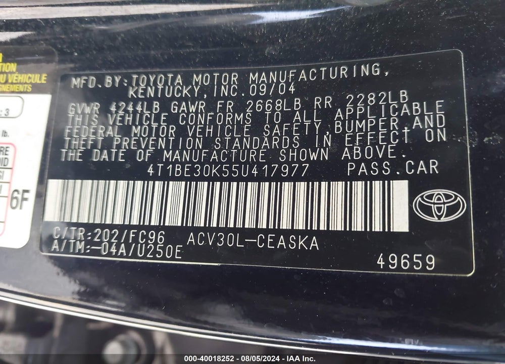 2005 TOYOTA CAMRY SE VIN: 4T1BE30K55U417977