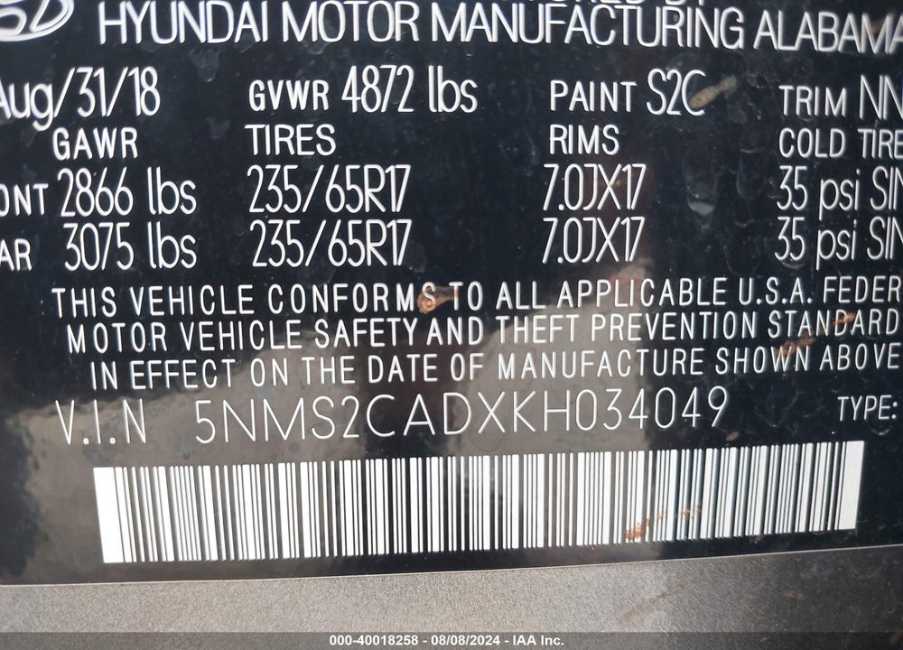 2019 HYUNDAI SANTA FE SE VIN: 5NMS2CADXKH034049