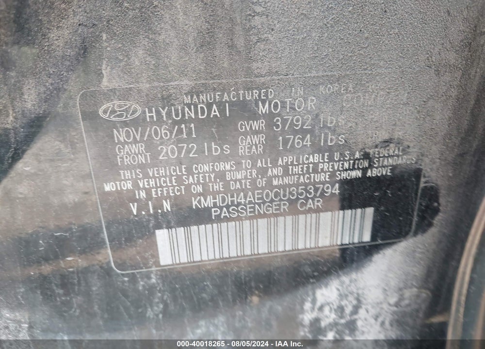 2012 HYUNDAI ELANTRA LIMITED (ULSAN PLANT) VIN: KMHDH4AE0CU353794