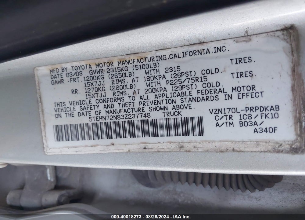 2003 TOYOTA TACOMA BASE V6 VIN: 5TEHN72N83Z237748