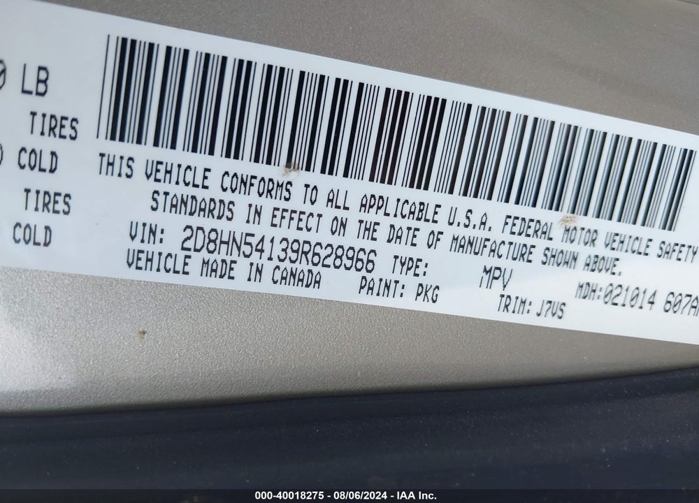 2009 DODGE GRAND CARAVAN VIN: 2D8HN54139R628966