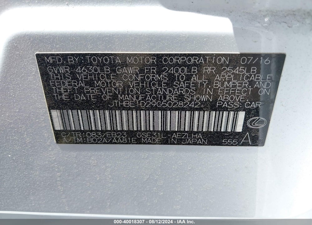 2016 LEXUS IS 350 VIN: JTHBE1D29G5028242