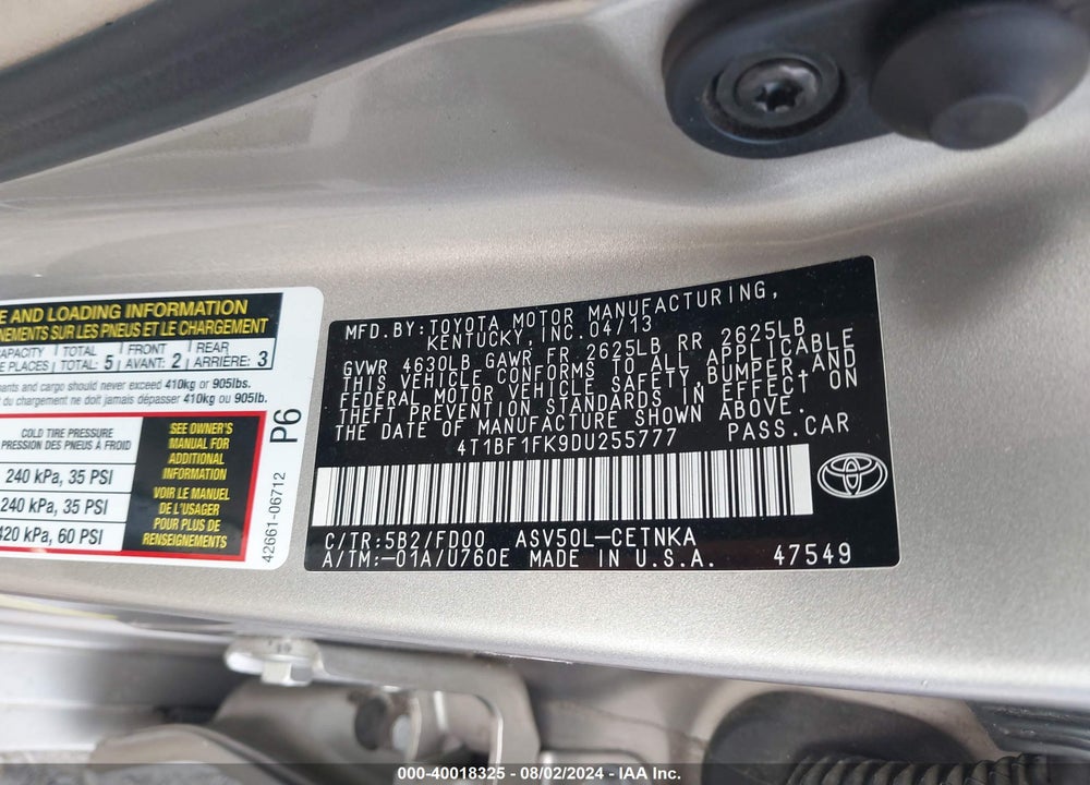 2013 TOYOTA CAMRY LE VIN: 4T1BF1FK9DU255777