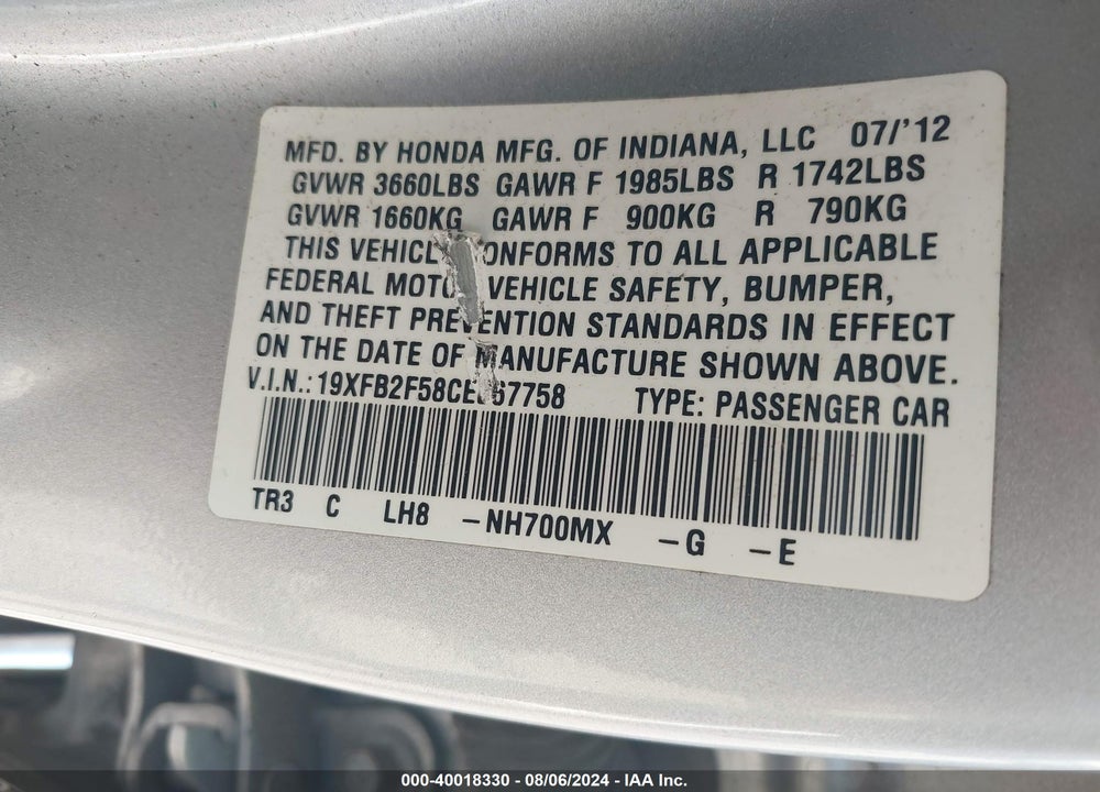 2012 HONDA CIVIC VIN: 19XFB2F58CE367758