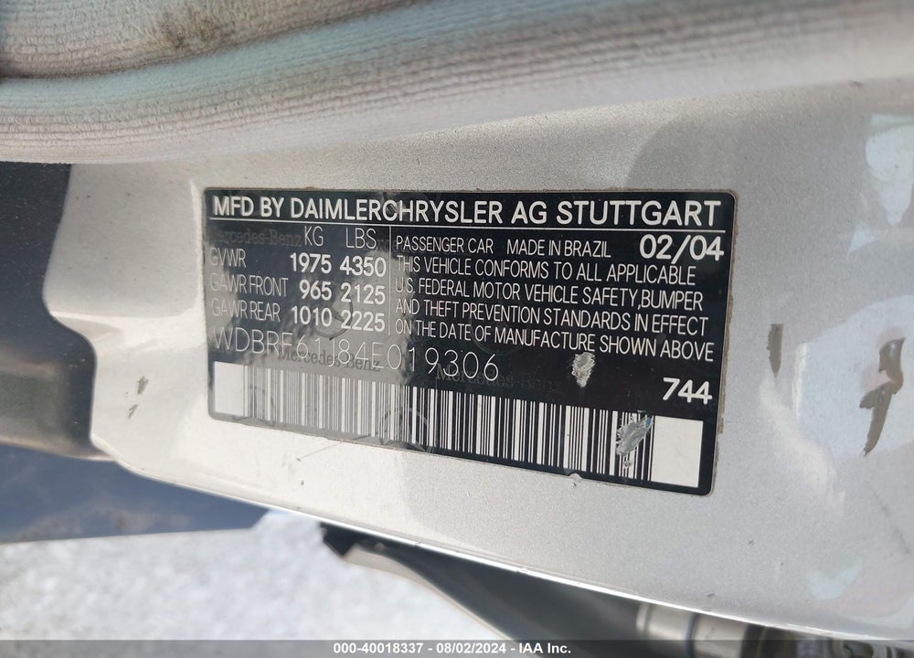 2004 MERCEDES-BENZ C 240 VIN: WDBRF61J84E019306