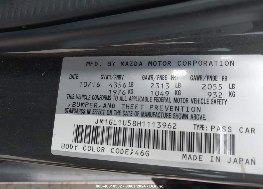 2017 MAZDA 6 SPORT VIN: JM1GL1U58H1113962