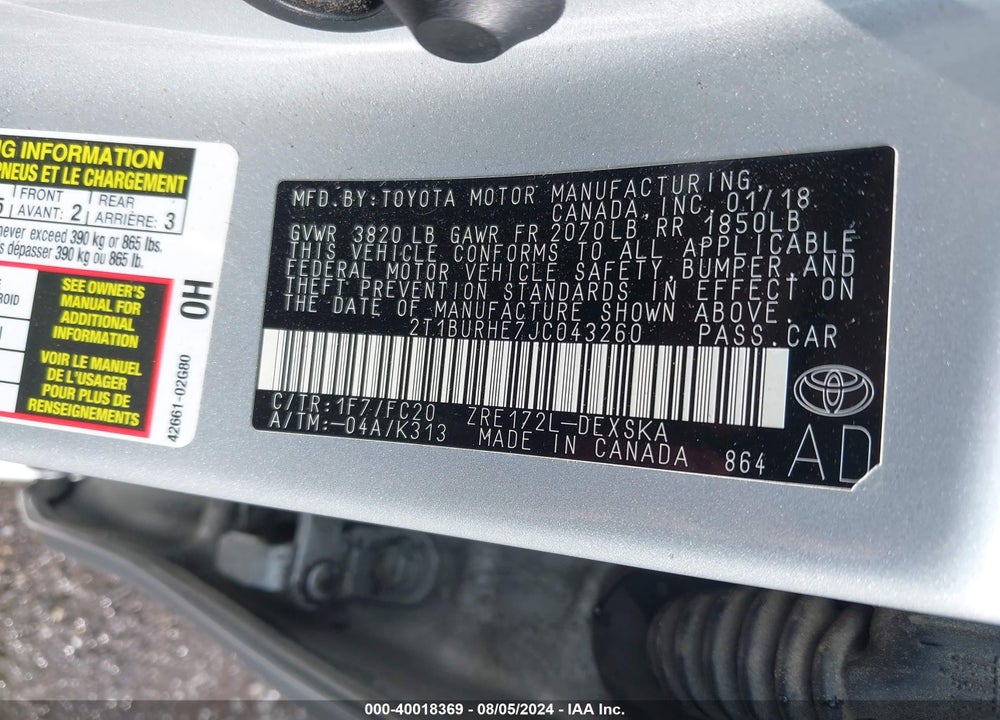 2018 TOYOTA COROLLA SE VIN: 2T1BURHE7JC043260