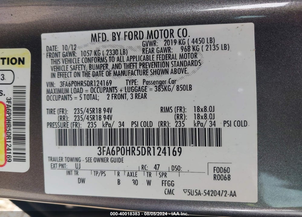 2013 FORD FUSION VIN: 3FA6P0HR5DR124169