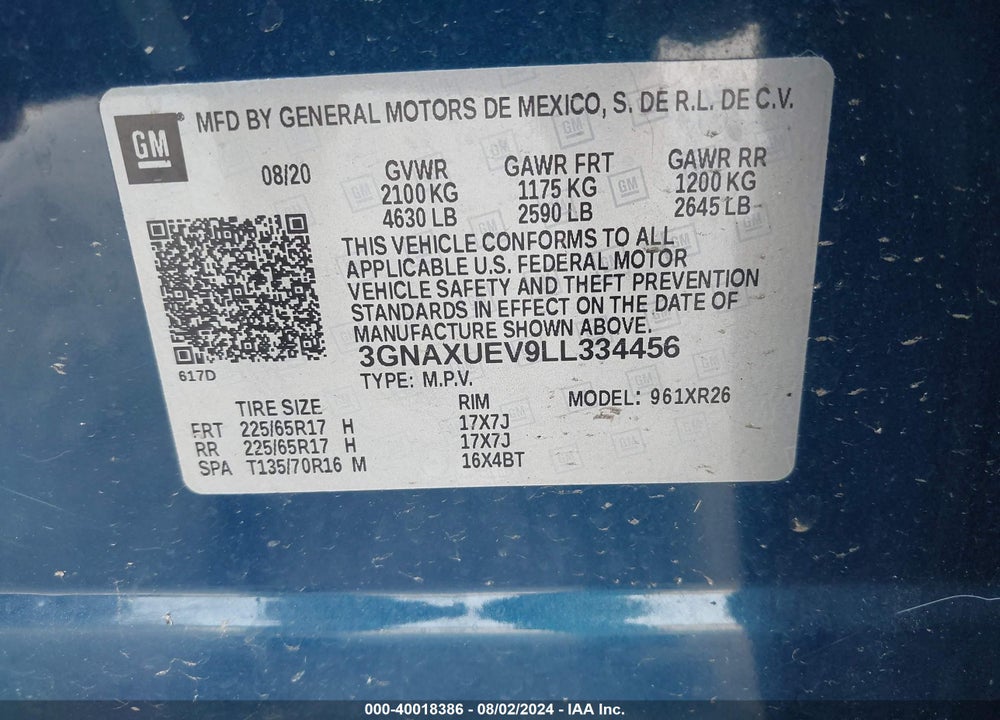 2020 CHEVROLET EQUINOX AWD LT 1.5L TURBO VIN: 3GNAXUEV9LL334456