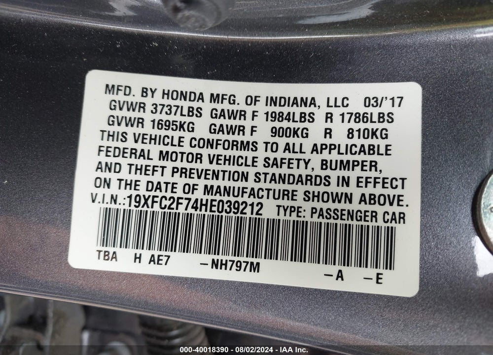 2017 HONDA CIVIC EX VIN: 19XFC2F74HE039212