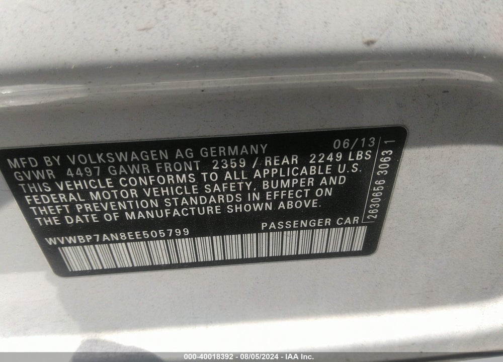 2014 VOLKSWAGEN CC 2.0T SPORT VIN: WVWBP7AN8EE505799