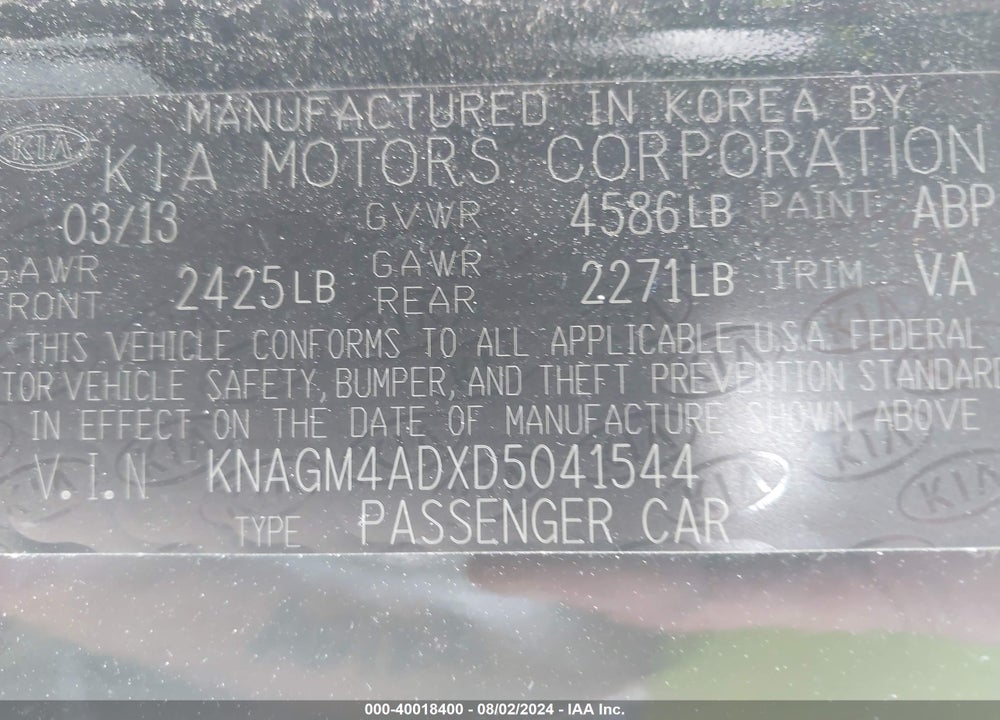 2013 KIA OPTIMA HYBRID EX VIN: KNAGM4ADXD5041544