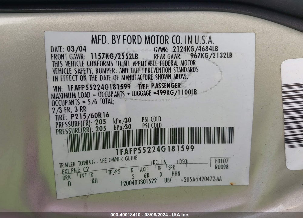 2004 FORD TAURUS SES VIN: 1FAFP55224G181599