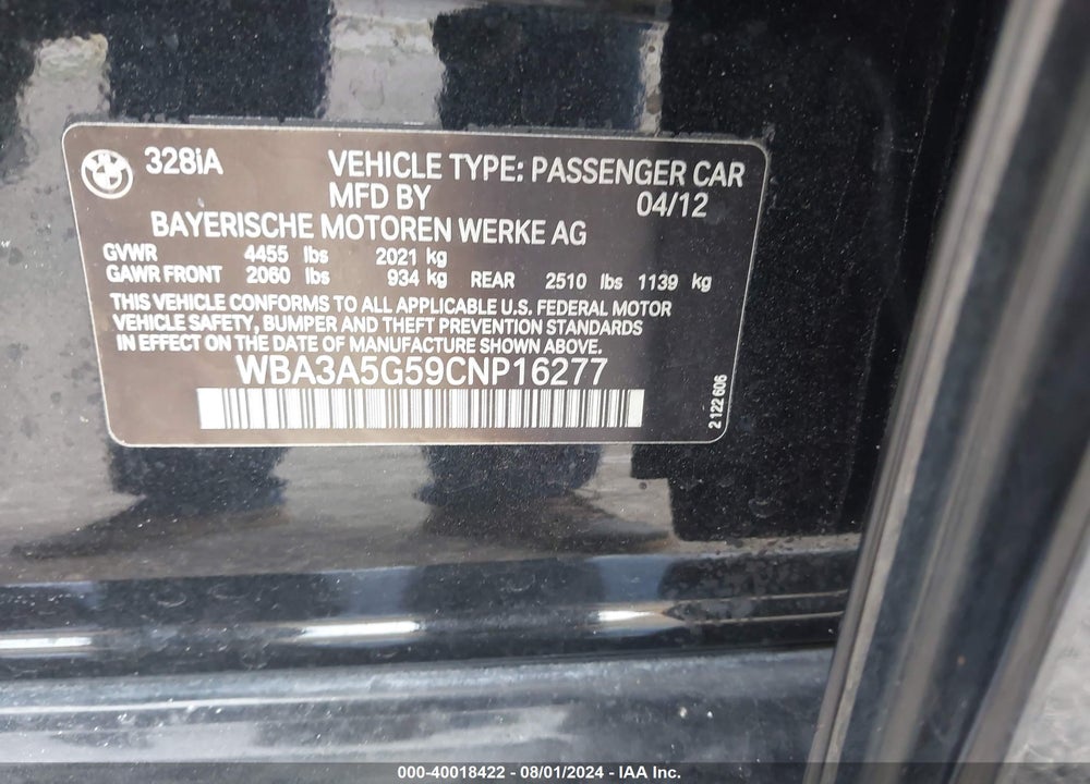 2012 BMW 328I VIN: WBA3A5G59CNP16277