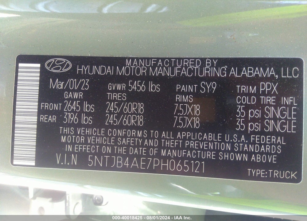 2023 HYUNDAI SANTA CRUZ SEL VIN: 5NTJB4AE7PH065121