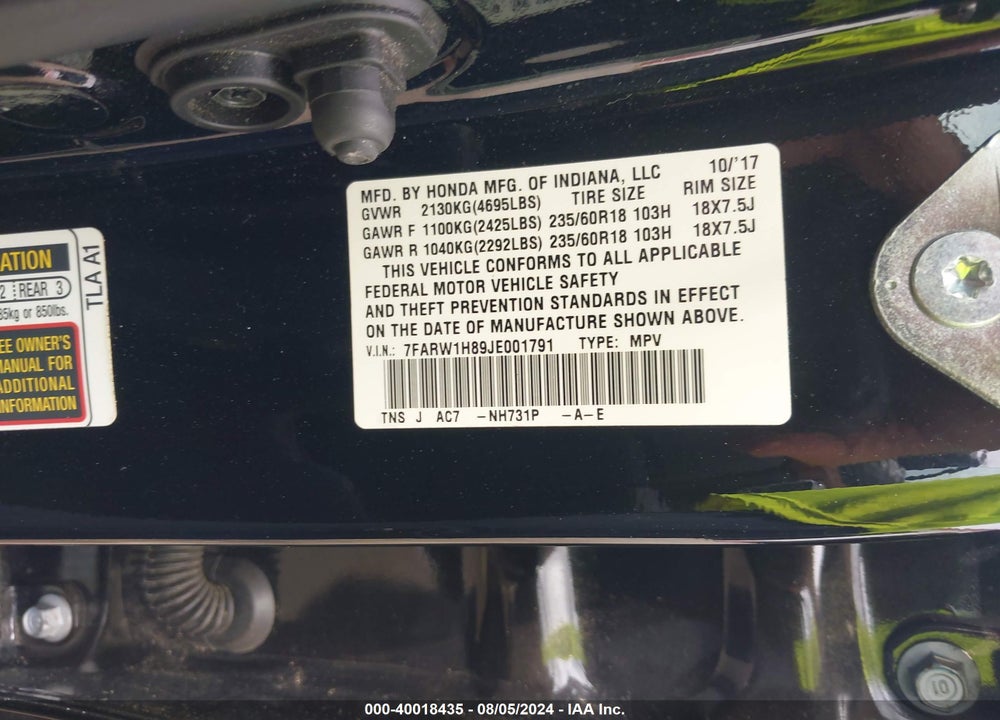 2018 HONDA CR-V EX-L/EX-L NAVI VIN: 7FARW1H89JE001791