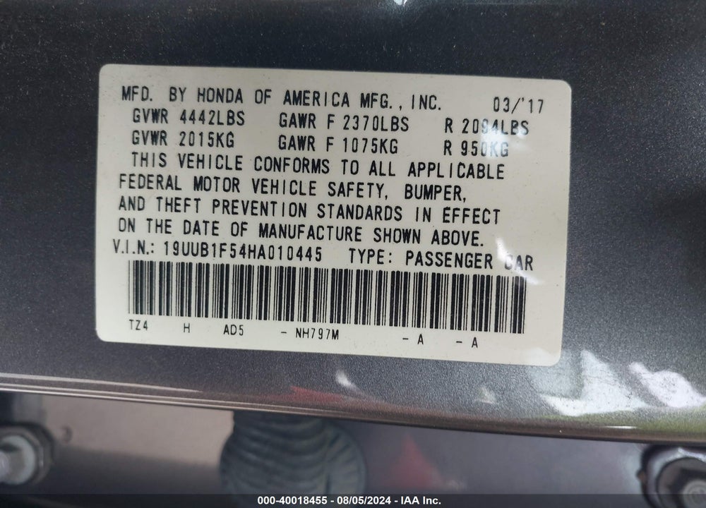 2017 ACURA TLX TECHNOLOGY PACKAGE VIN: 19UUB1F54HA010445