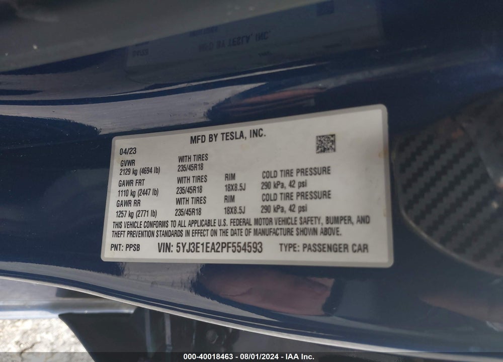 2023 TESLA MODEL 3 REAR-WHEEL DRIVE VIN: 5YJ3E1EA2PF554593