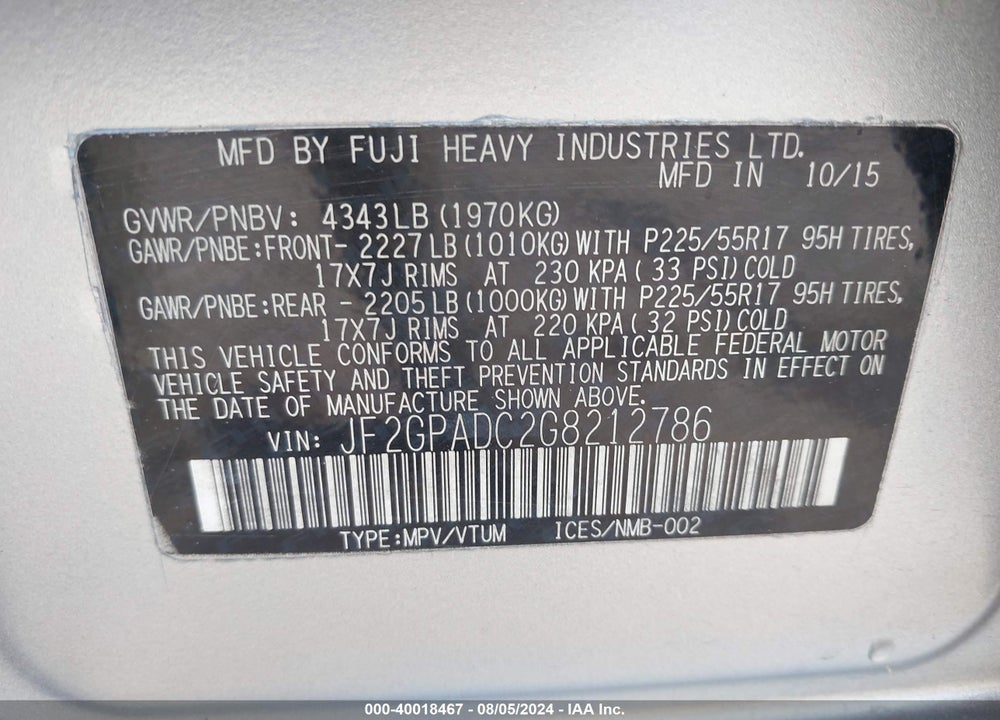 2016 SUBARU CROSSTREK VIN: JF2GPADC2G8212786