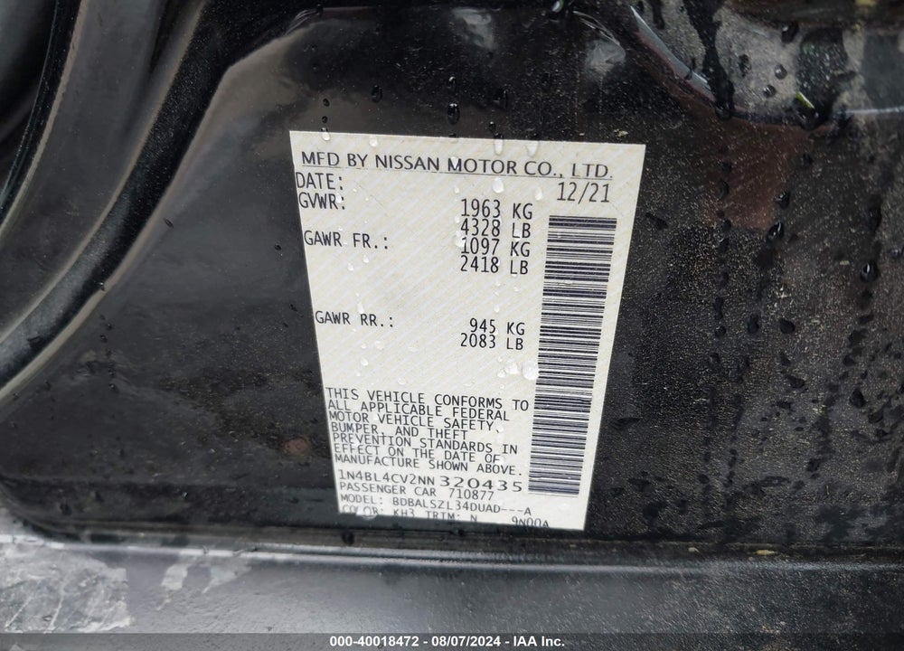 2022 NISSAN ALTIMA SR FWD VIN: 1N4BL4CV2NN320435