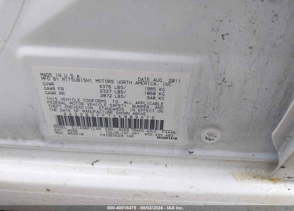 2012 MITSUBISHI GALANT VIN: 4A32B3FF7CE009475
