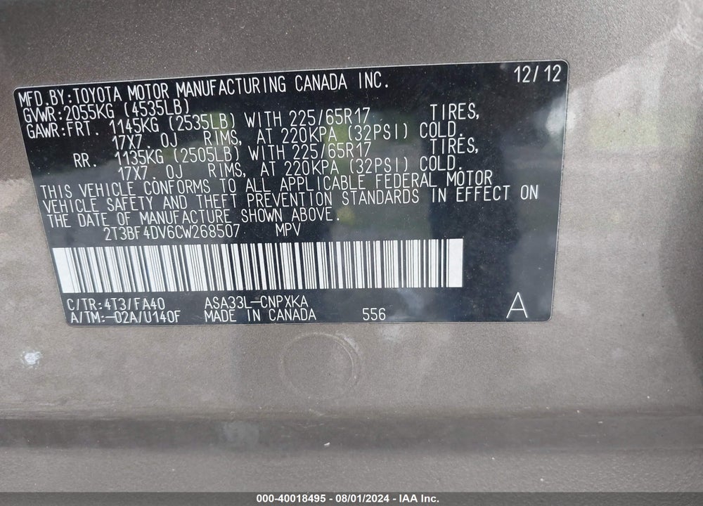 2012 TOYOTA RAV4 VIN: 2T3BF4DV6CW268507