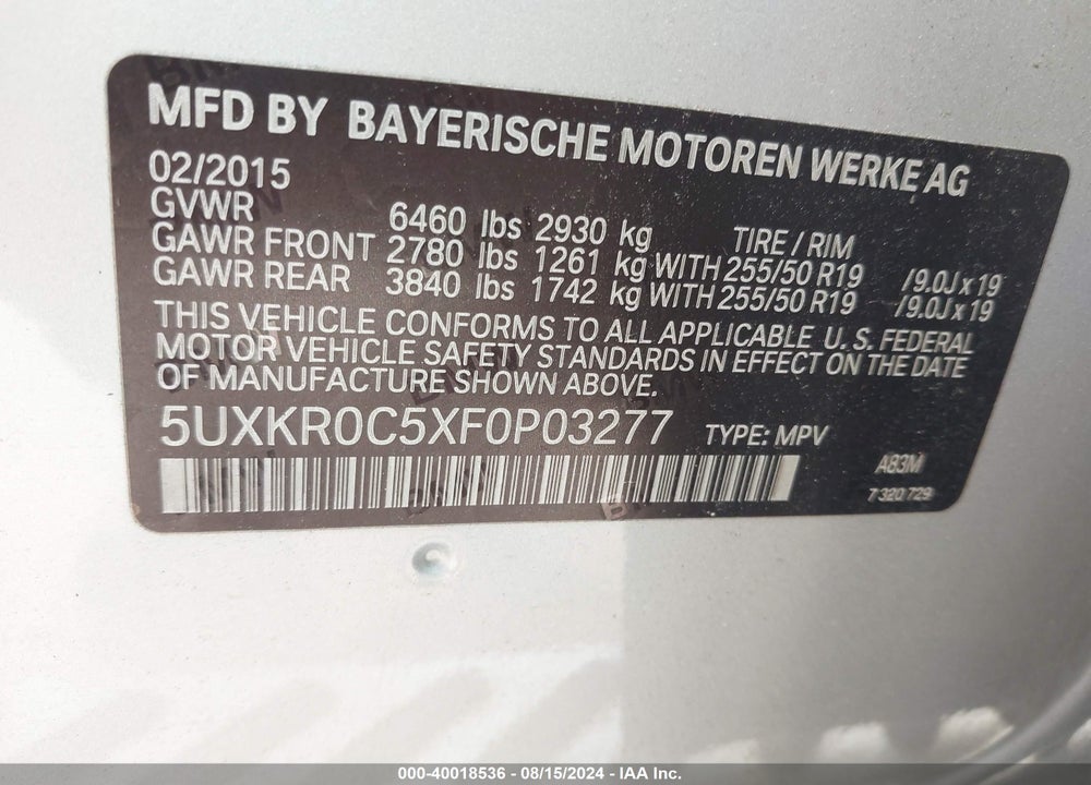 2015 BMW X5 XDRIVE35I VIN: 5UXKR0C5XF0P03277