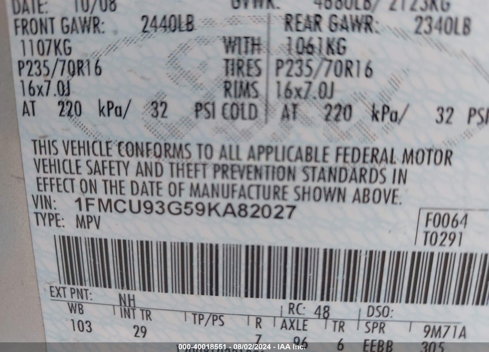 2009 FORD ESCAPE XLT VIN: 1FMCU93G59KA82027