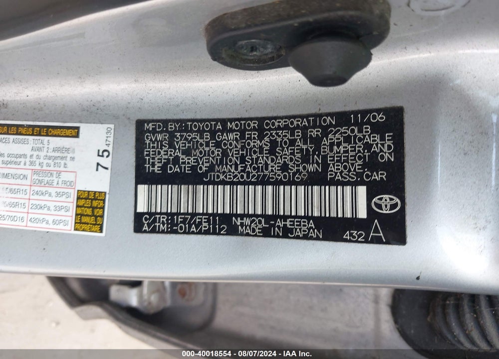 2007 TOYOTA PRIUS VIN: JTDKB20U277590169