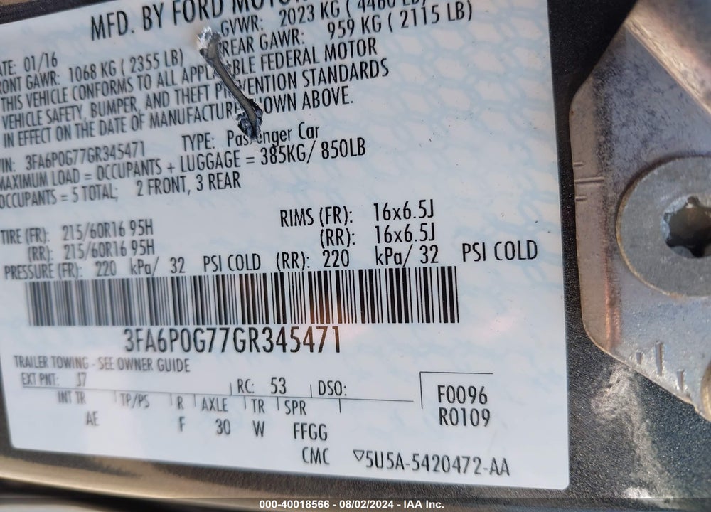 2016 FORD FUSION S VIN: 3FA6P0G77GR345471
